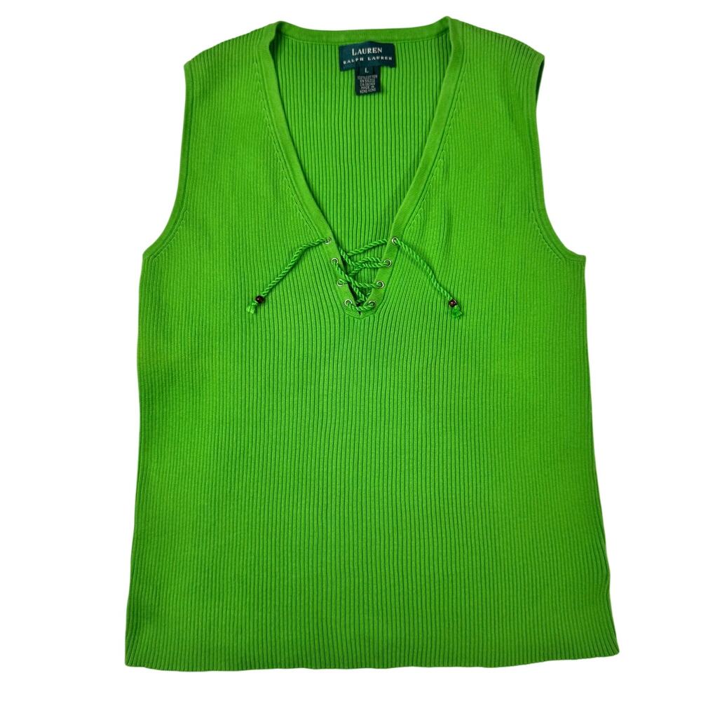 Lauren Ralph Lauren Lime Green Ribbed Lace Up Sweater Tank Top Cotton L Y2K Vtg